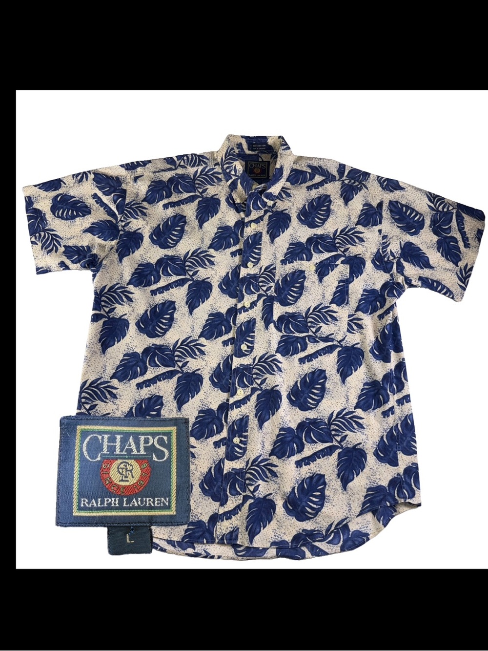 1990s RL CHAPS (L) Hawaiian Tropical Shirt Polynesian Botanical Leaf Classic EUC